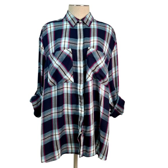 EXPRESS Oversized Navy & Pink Plaid Button-Up Shirt with Tab Sleeves Size Large - Picture 3 of 8